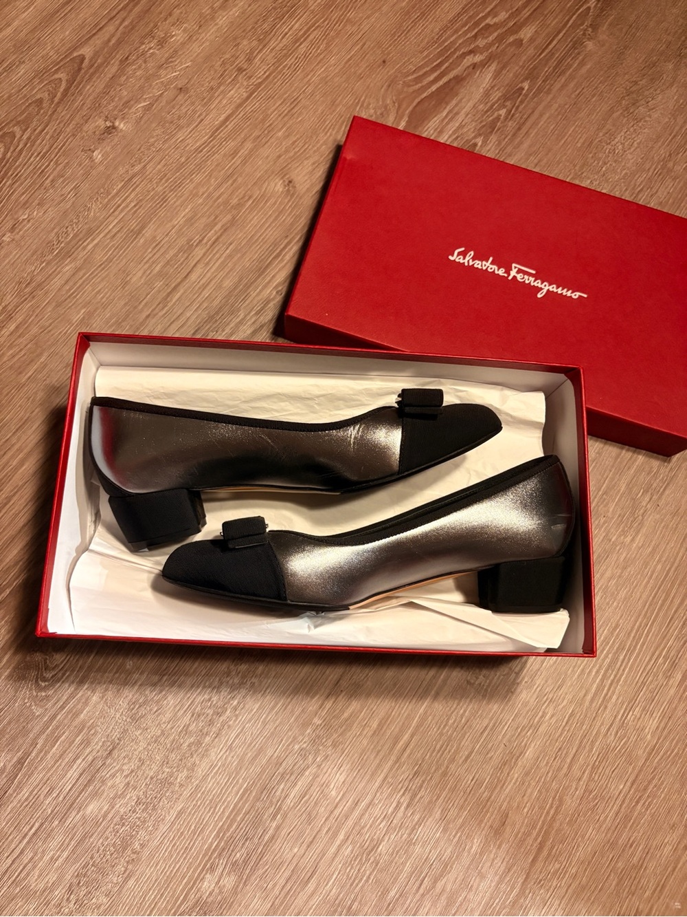 Salvatore Ferragamo Viva Silver Metallic and Black Toe Low Heel Pumps